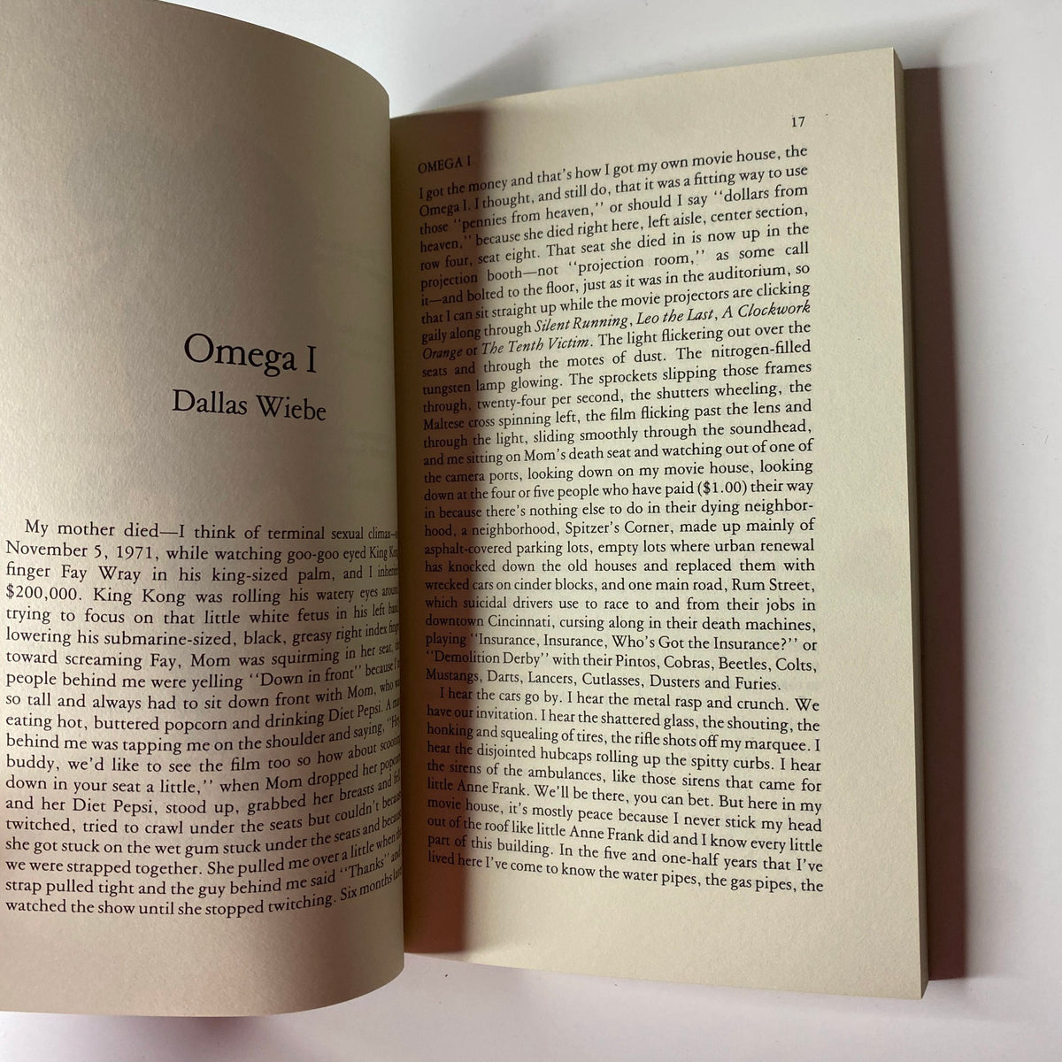 Interior page of The Paris Review magazine featuring an excerpt of the fiction piece 'Omega I' by Dallas Wiebe, from the Fall 1981 issue.