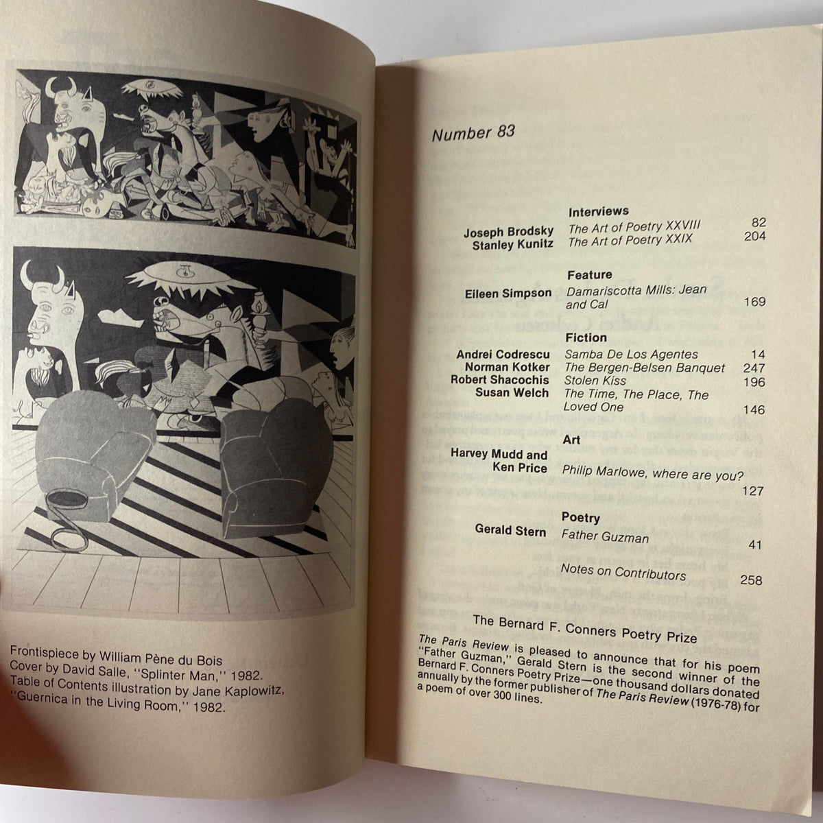 Another inside view of The Paris Review Magazine Spring 1982, No. 83 featuring the frontispiece by William Pène du Bois and details on the Bernard F. Conners Poetry Prize.