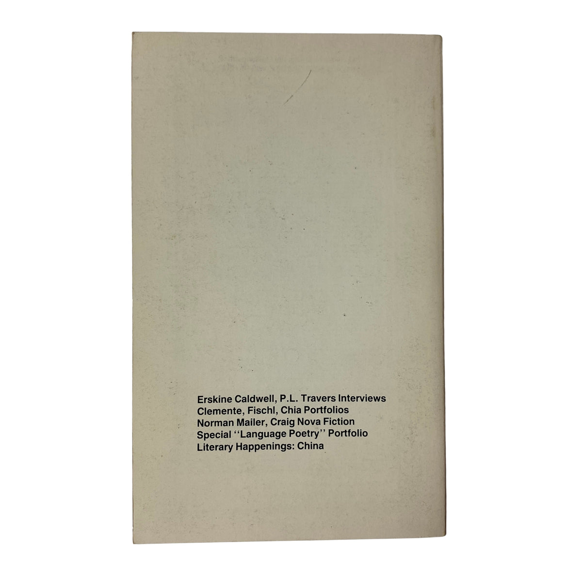 Back cover of The Paris Review Magazine Spring 1982 No. 86, listing features including Erskine Caldwell, P. L. Travers, and various portfolios related to literary happenings.