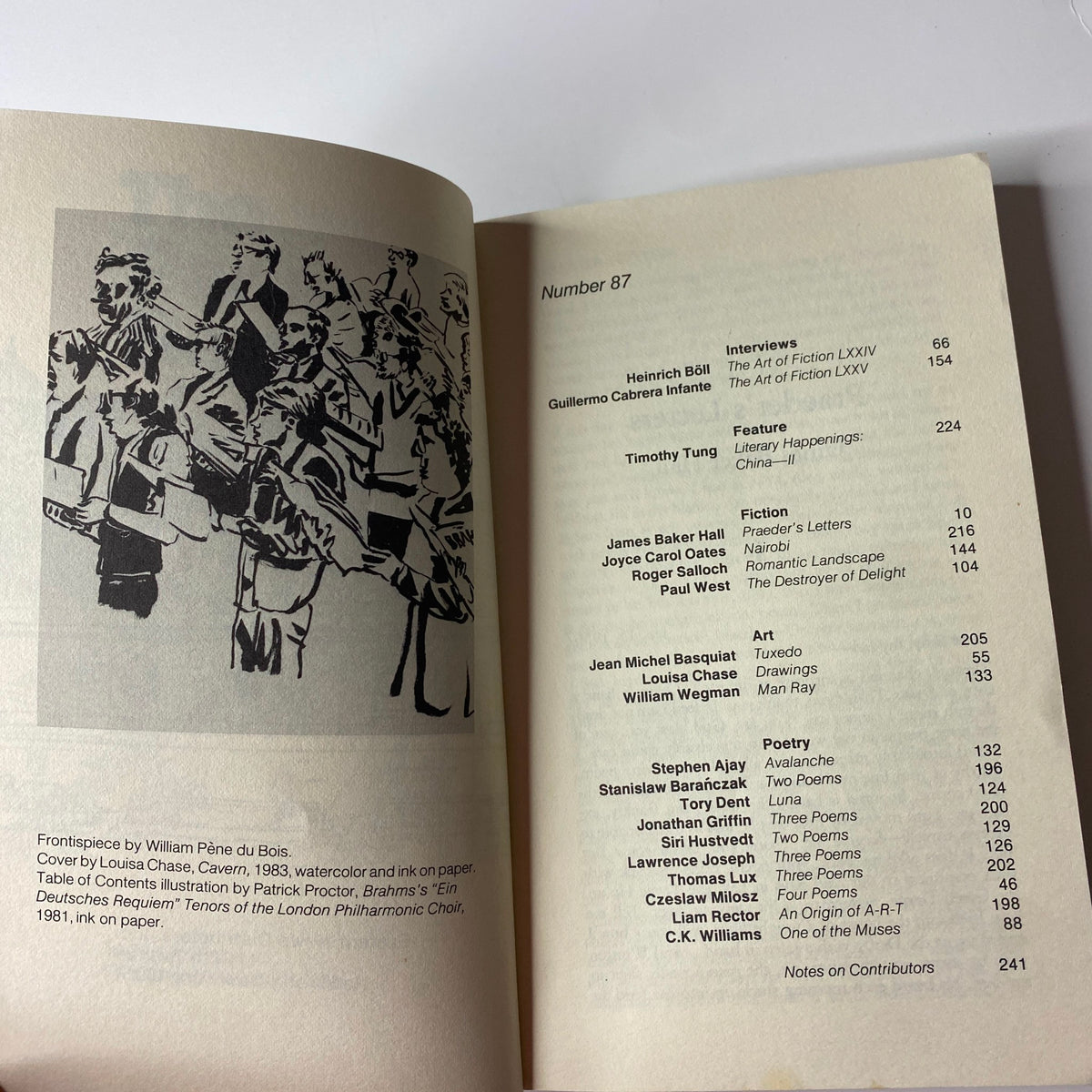 Contents page of The Paris Review Magazine Spring 1983 No. 87 listing featured interviews and articles.