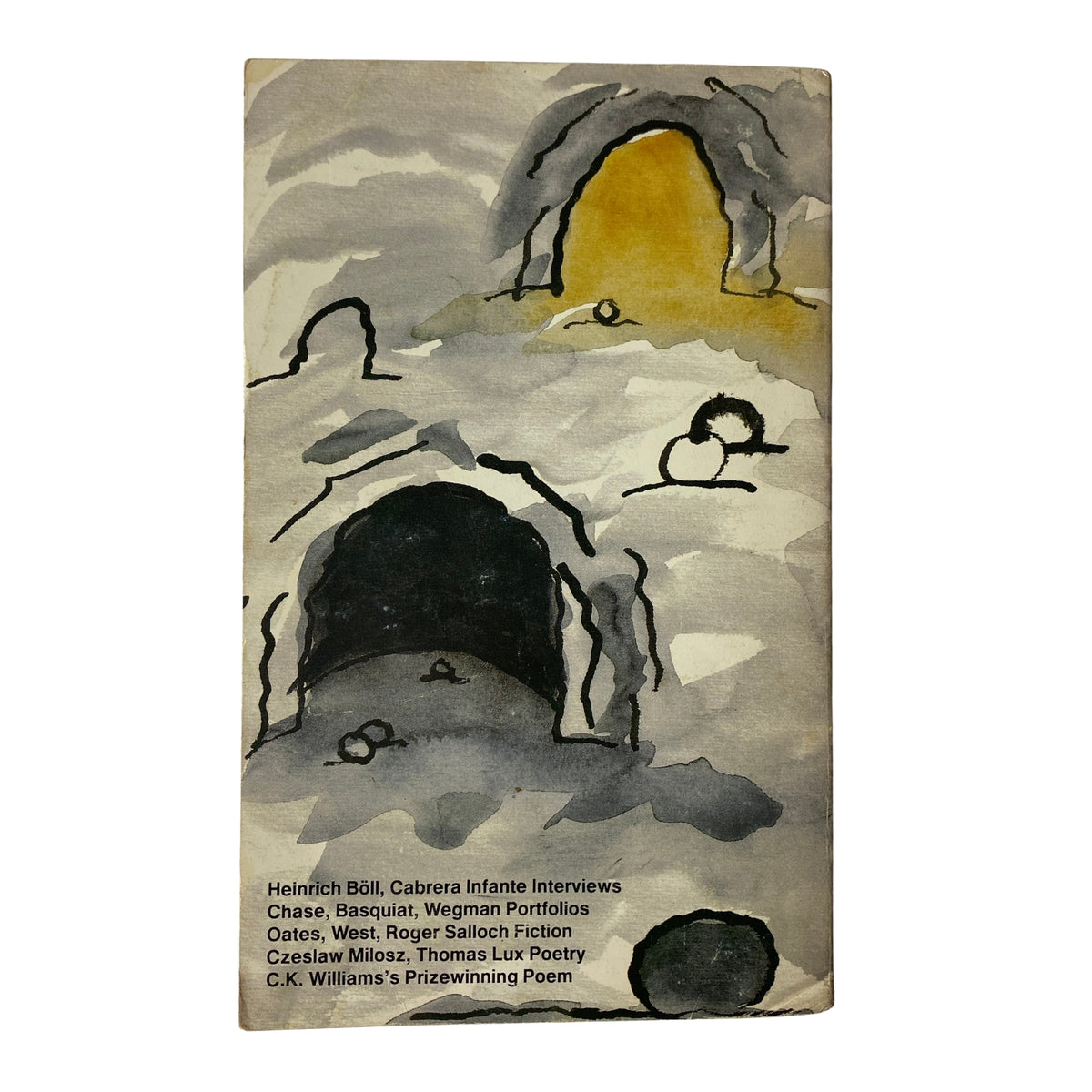 Back cover of The Paris Review Magazine Spring 1983 No. 87 featuring abstract watercolor artwork and a list of contributors.