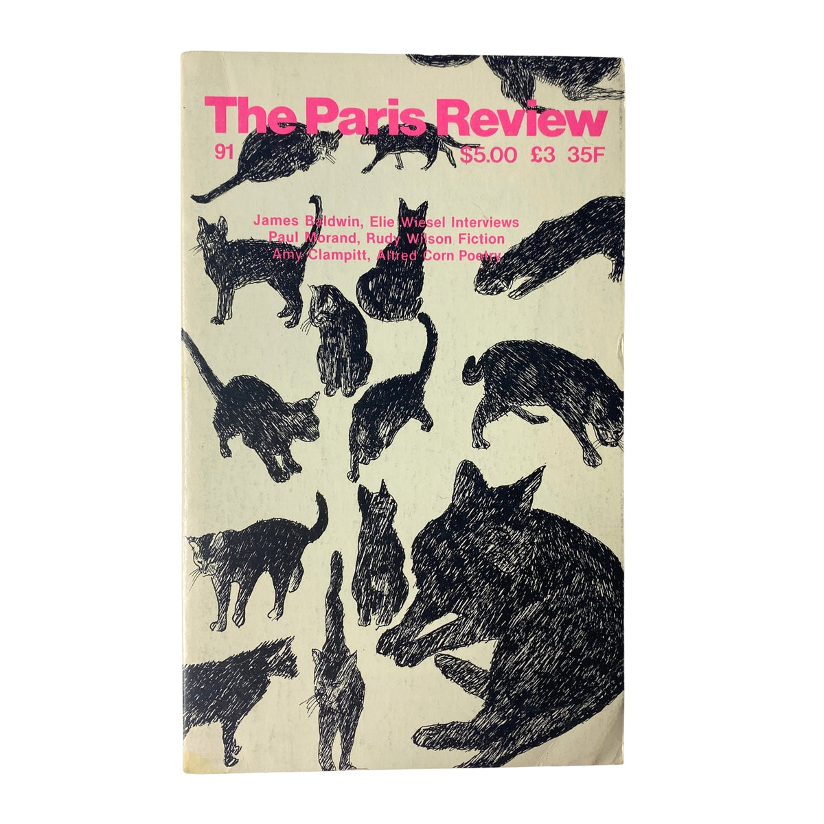 Cover of The Paris Review Magazine Spring 1984 No. 91 featuring a graphical design of cats, highlighting James Baldwin and Elie Wiesel interviews, along with fiction by Paul Morand and poetry by Amy Clampitt.