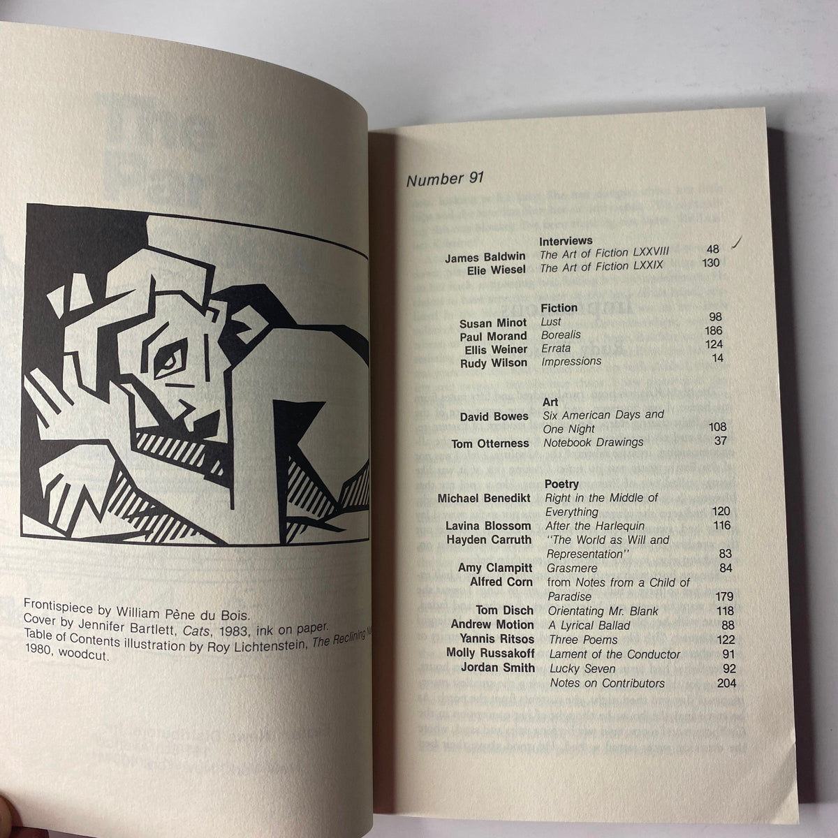 Contents page of The Paris Review Magazine Spring 1984 No. 91, highlighting interviews with James Baldwin and Elie Wiesel, with illustrative contributions by artists.
