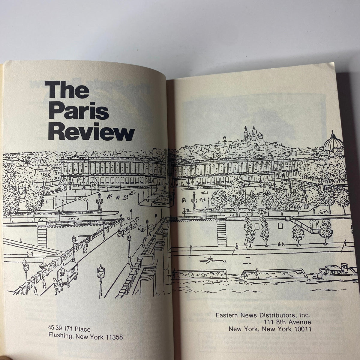 Interior page of The Paris Review Magazine Summer 1984 No. 92 featuring an illustration of a Parisian landscape and details about the distributor.