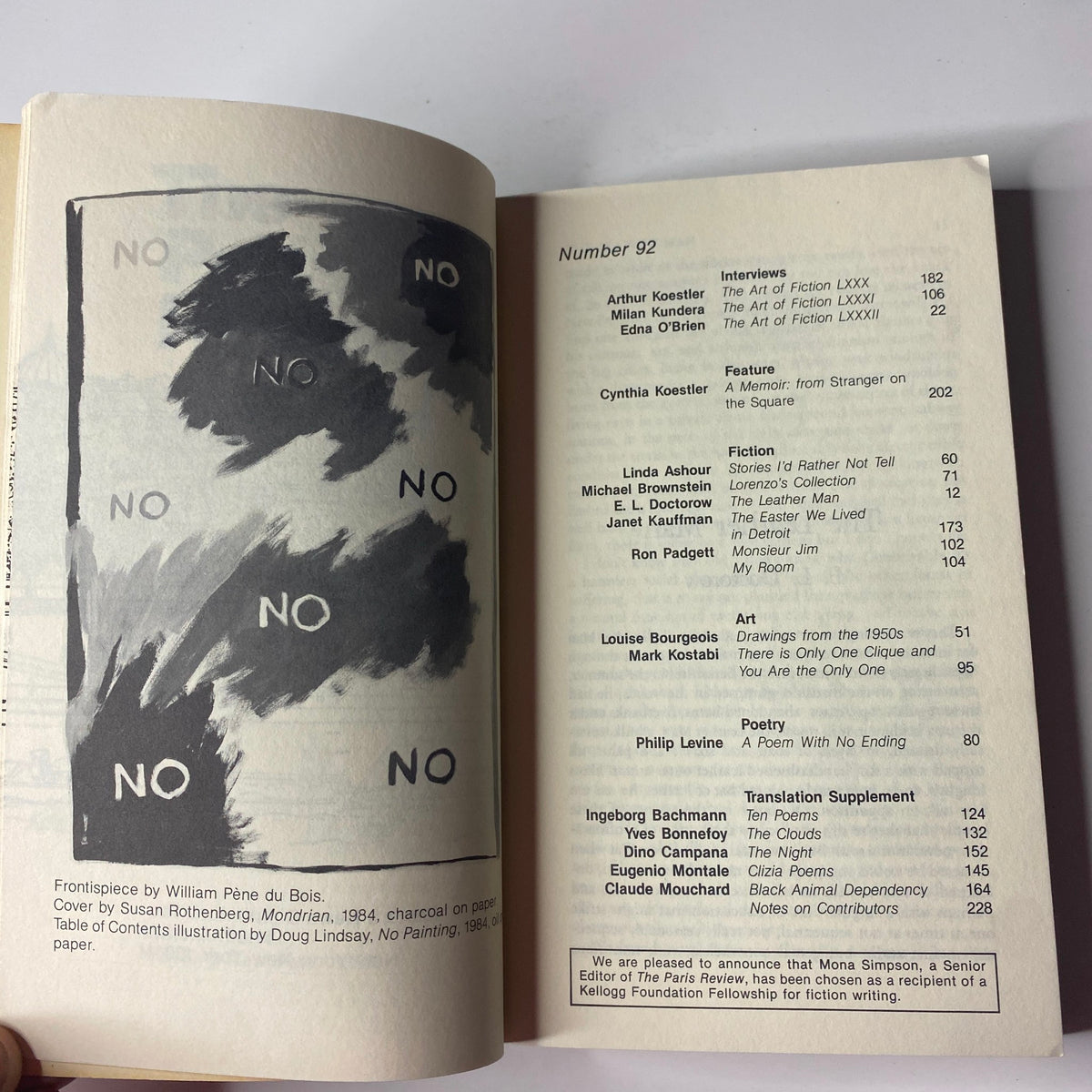 Interior page of The Paris Review Magazine Summer 1984 No. 92 showcasing the contents list including interviews and fiction contributors.