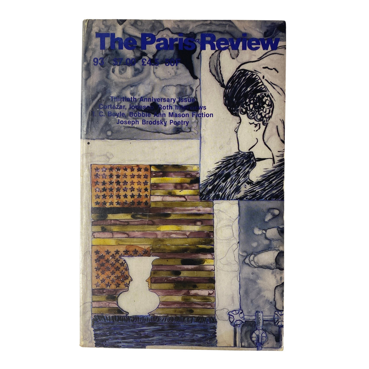 Cover of The Paris Review Magazine Fall 1984 No. 93 featuring abstract artwork, including blue and gray designs, celebrating the contributions of Julio Cortázar, Eugene Ionesco, and Philip Roth.