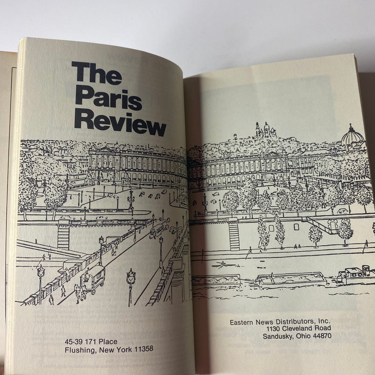Inside page of The Paris Review Magazine Summer-Fall 1986 No. 100, featuring the magazine title and contact details of Eastern News Distributors.
