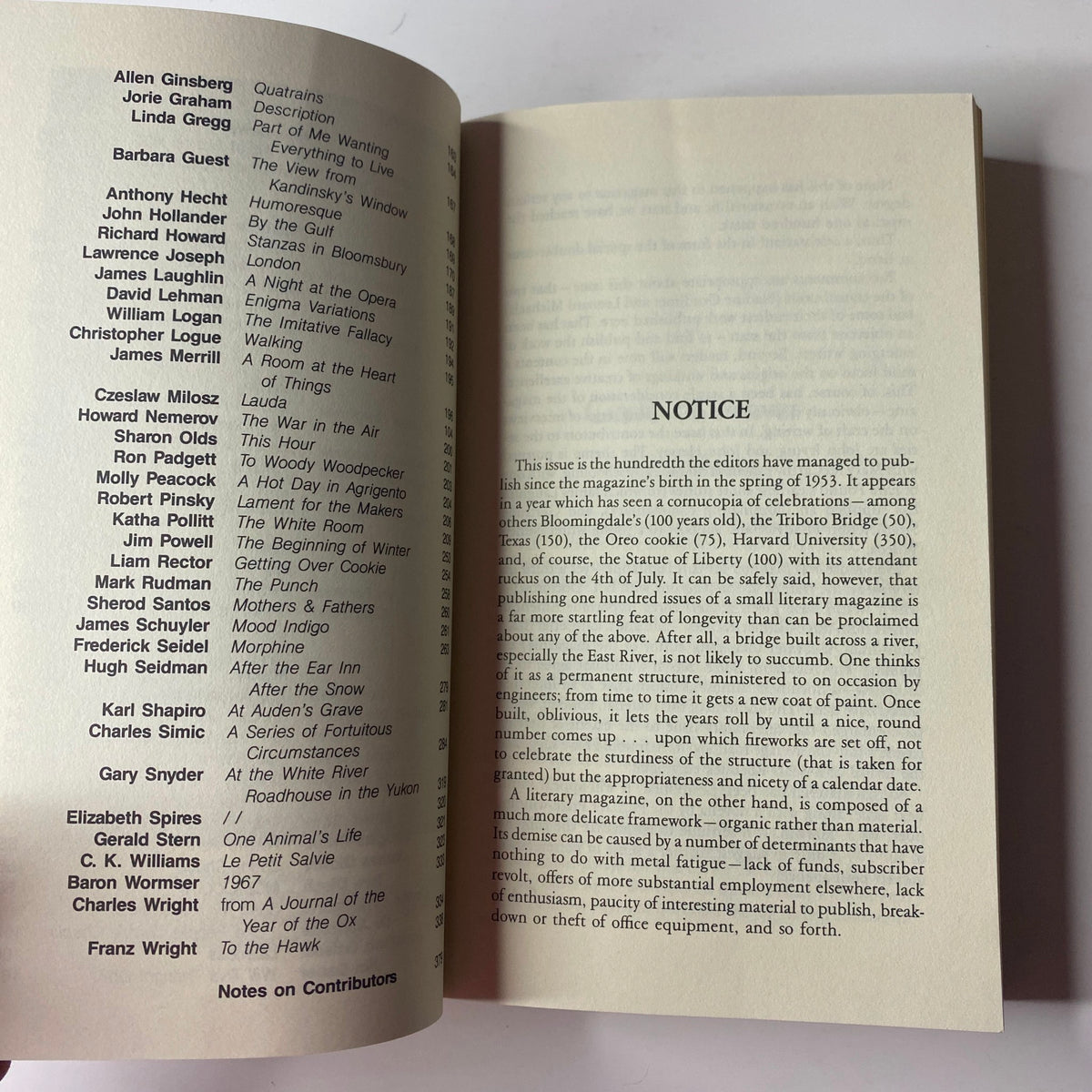 Inside page of The Paris Review Magazine Summer-Fall 1986 No. 100 featuring a notice for contributors and acknowledgment of the magazine's centennial edition.