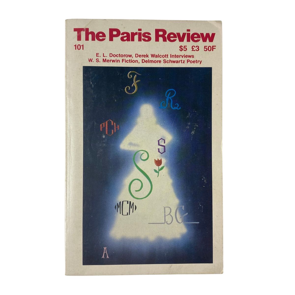 Cover of The Paris Review Magazine Winter 1986 No. 101 featuring colorful artistic design with titles of featured works including interviews with E. L. Doctorow and Derek Walcott, fiction by W. S. Merwin, and a poetry section.