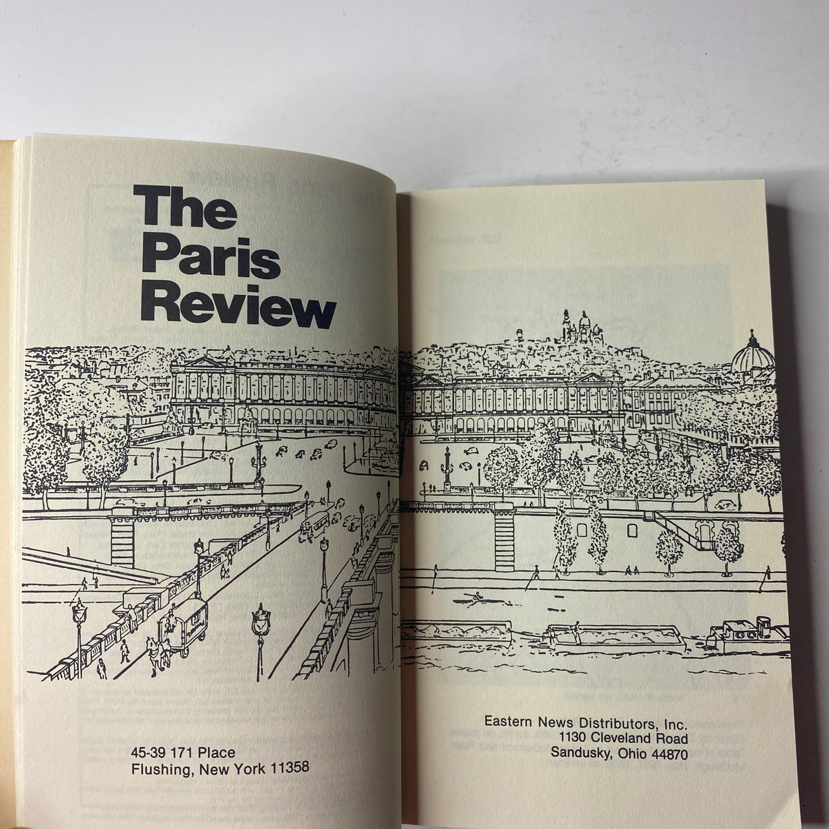 Interior page of The Paris Review Magazine showing the title and a drawing of a scenic landscape, part of the Summer 1987 No. 103 issue.