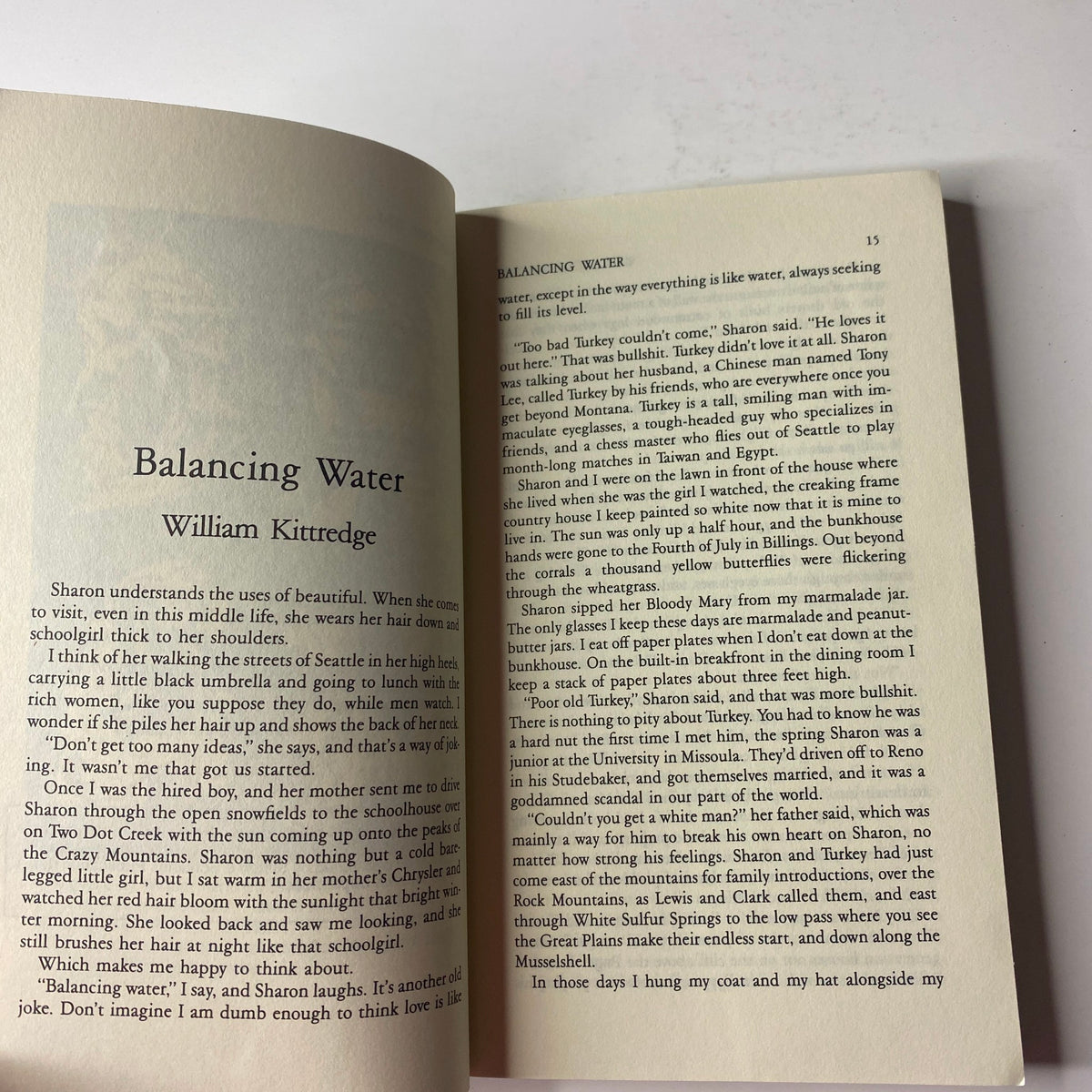 Interior page of The Paris Review Magazine Fall 1987 No. 104 containing the story 'Balancing Water' by William Kittredge.
