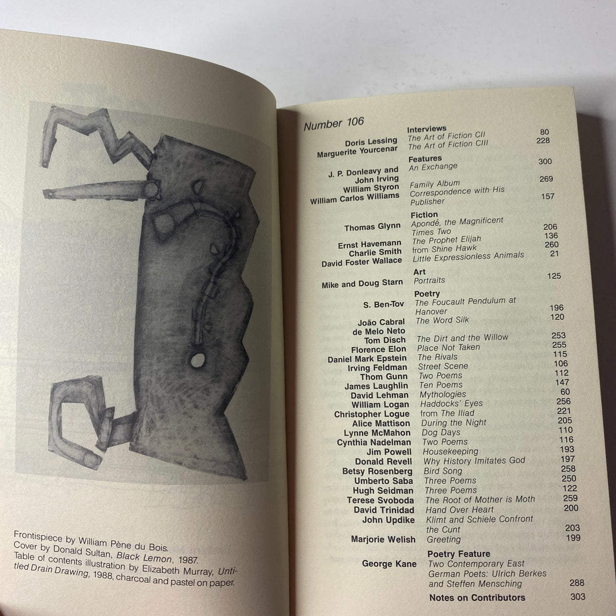 Table of contents page from The Paris Review Magazine Spring 1988 No. 106, detailing featured interviews and literary works by notable authors.