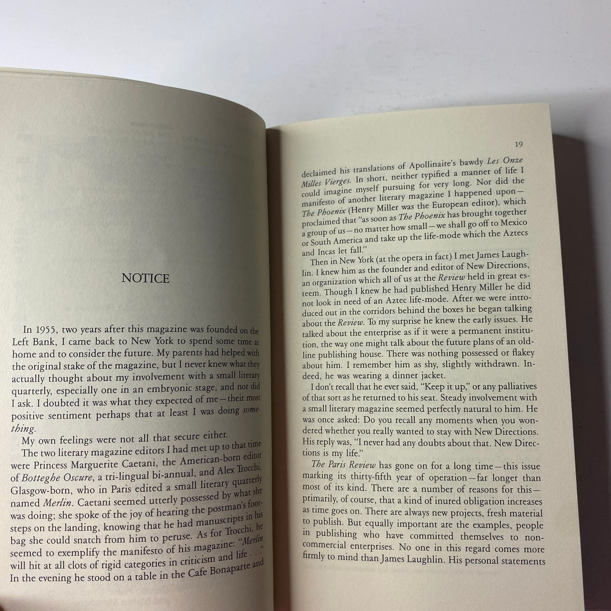 Notice page from The Paris Review Magazine Spring 1988 No. 106, reflecting on the history and founding of the magazine with a personal touch.