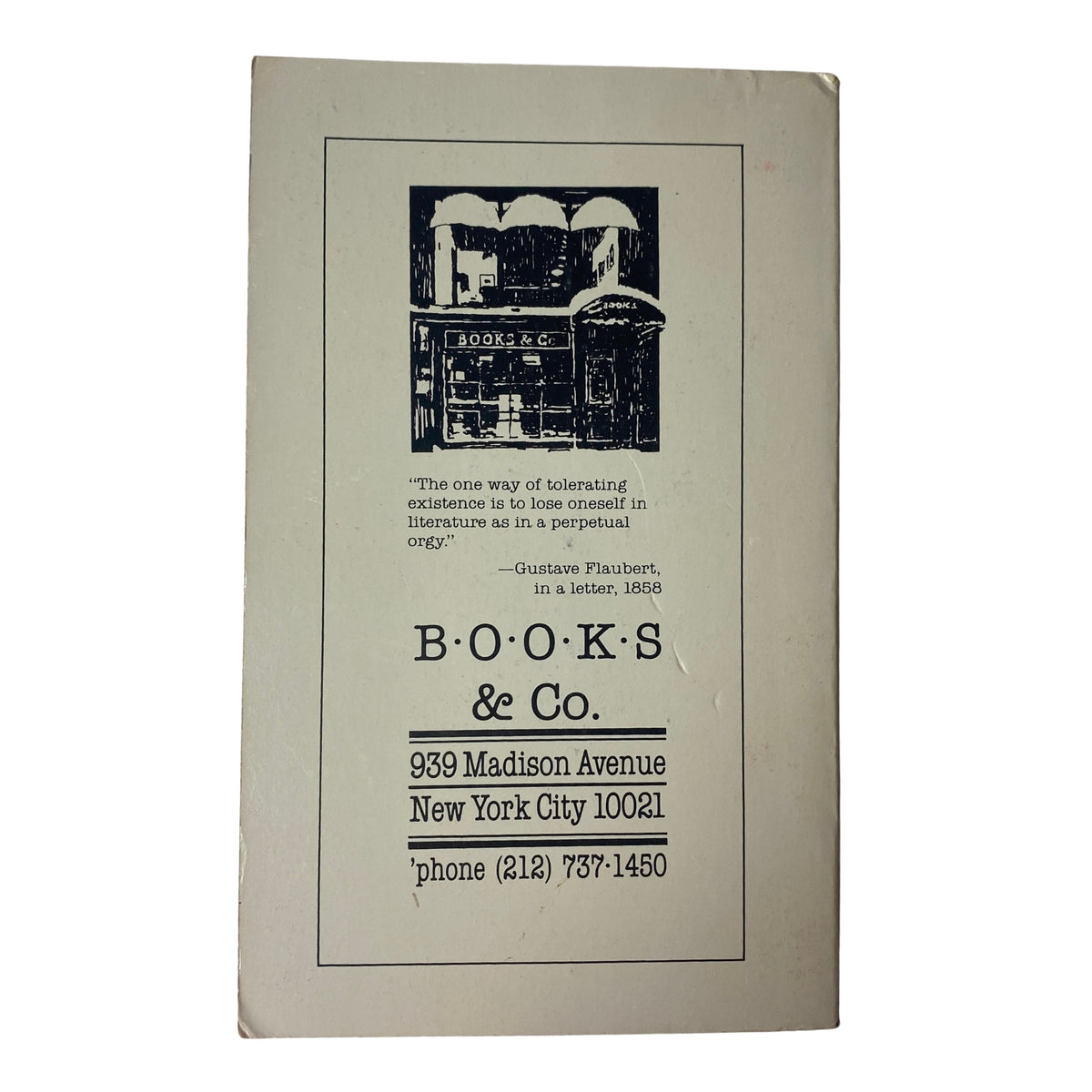 Back cover of The Paris Review Magazine Spring 1988 No. 106, displaying an image of a bookstore with a literary quote by Gustave Flaubert.