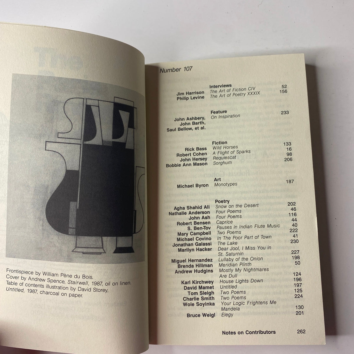 Contents page of The Paris Review Magazine Summer 1988 No. 107 listing features such as interviews and fiction contributions by notable writers.