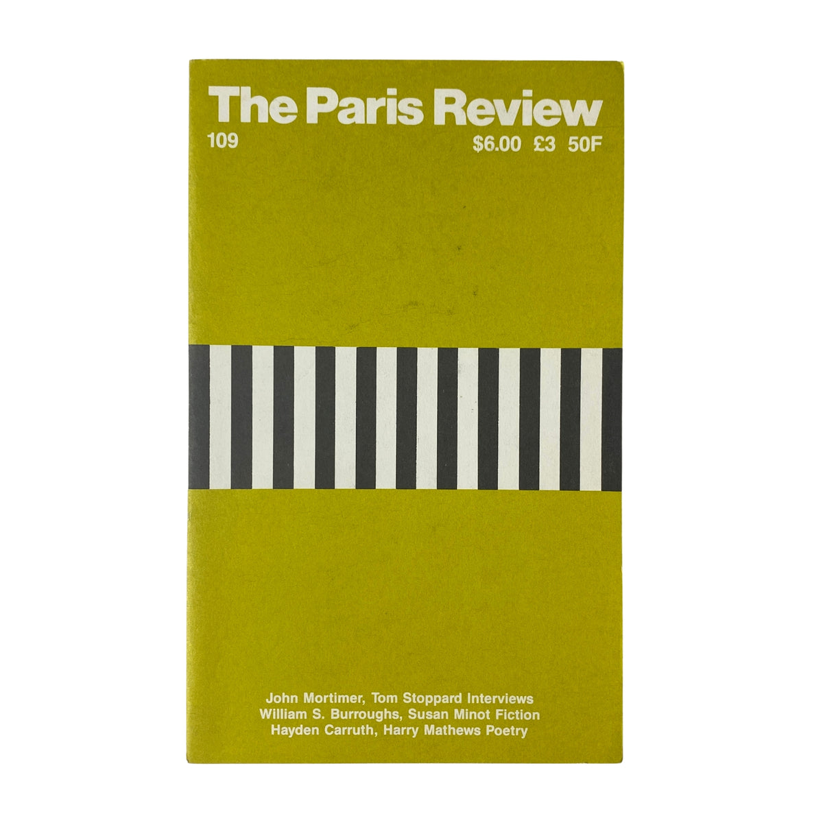 Cover of The Paris Review Magazine Winter 1988 No. 109 featuring bold design elements and the title prominently displayed. Includes contributions from John Mortimer, Tom Stoppard, William S. Burroughs, and more.