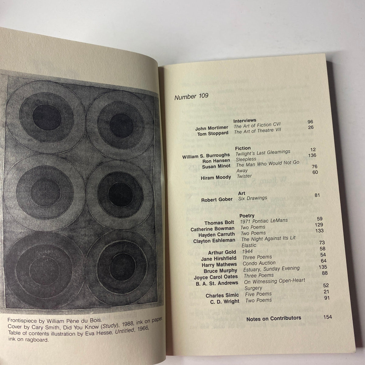 Contents page of The Paris Review Magazine Winter 1988 No. 109 listing featured articles and contributors including interviews with John Mortimer and Tom Stoppard, alongside stories by William S. Burroughs.