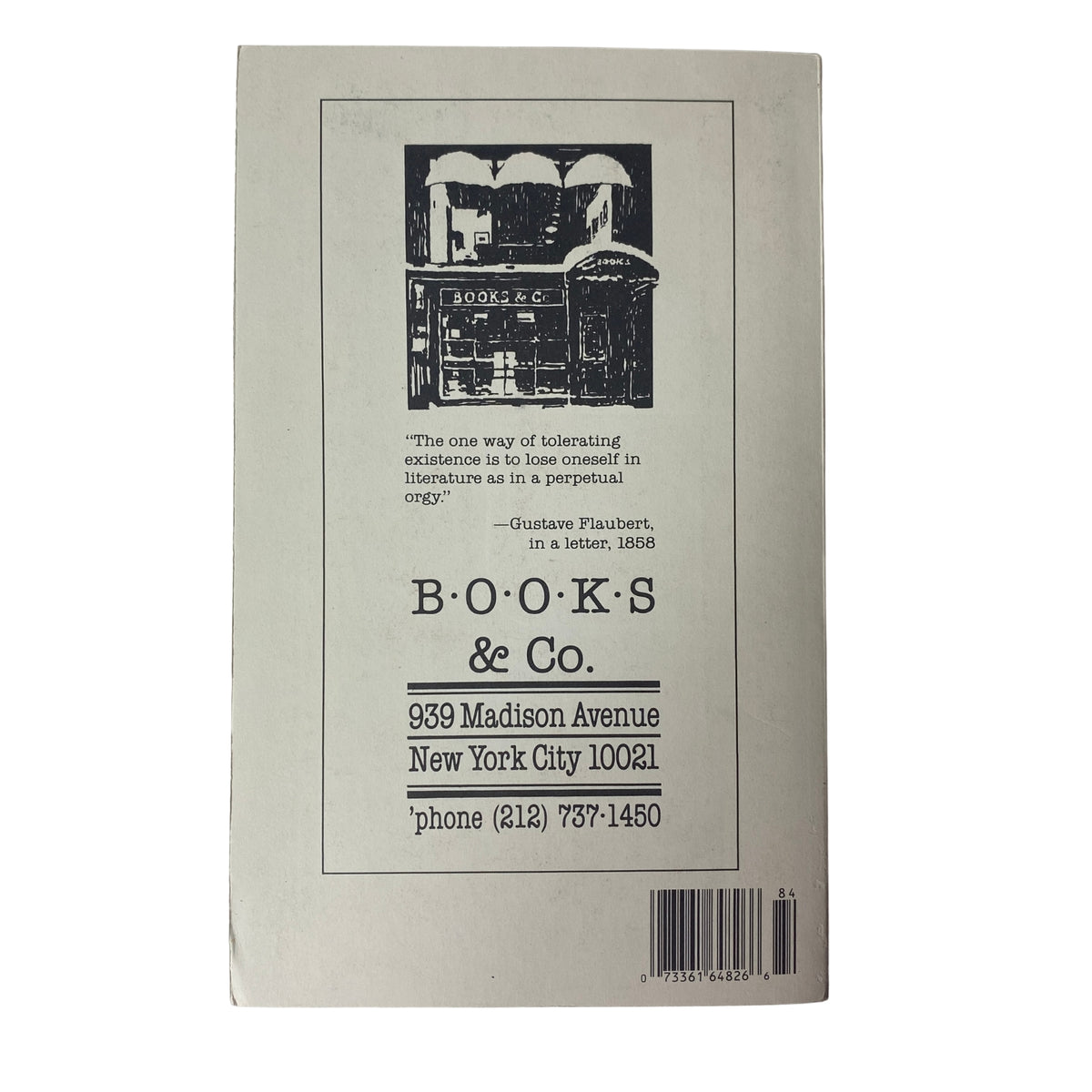 Back cover of The Paris Review Magazine Winter 1988 No. 109 displaying a vintage bookstore illustration with a quote from Gustave Flaubert, along with contact information for Books & Co.