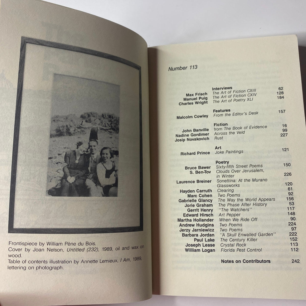 Interior pages of The Paris Review Magazine Winter II 1989 No. 113, featuring content such as the frontispiece by William Pène du Bois and a table of contents illustration by Annette Lemieux.