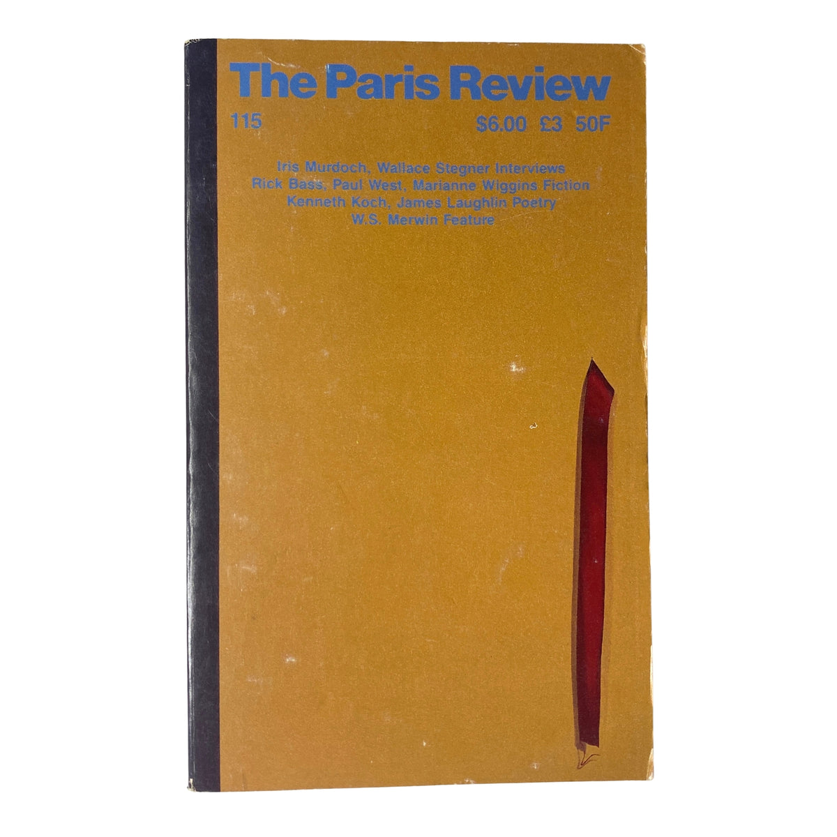 Cover of The Paris Review Magazine Summer 1990 No. 115 featuring notable contributors like Iris Murdoch and Wallace Stegner, with visual art elements and a striking graphic design.