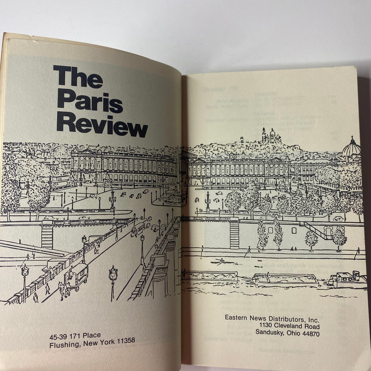 Inside page of The Paris Review Magazine Fall 1990 No. 116 displaying the title and publisher information, along with a line drawing of a landscape.