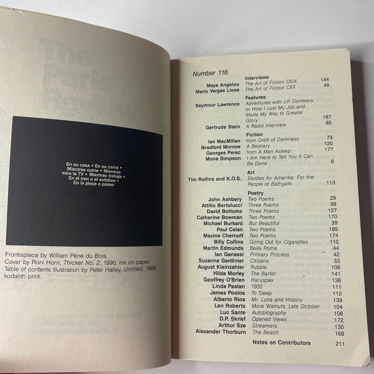 Table of contents page of The Paris Review Magazine Fall 1990 No. 116, outlining the features including interviews and poetry, with illustrations.