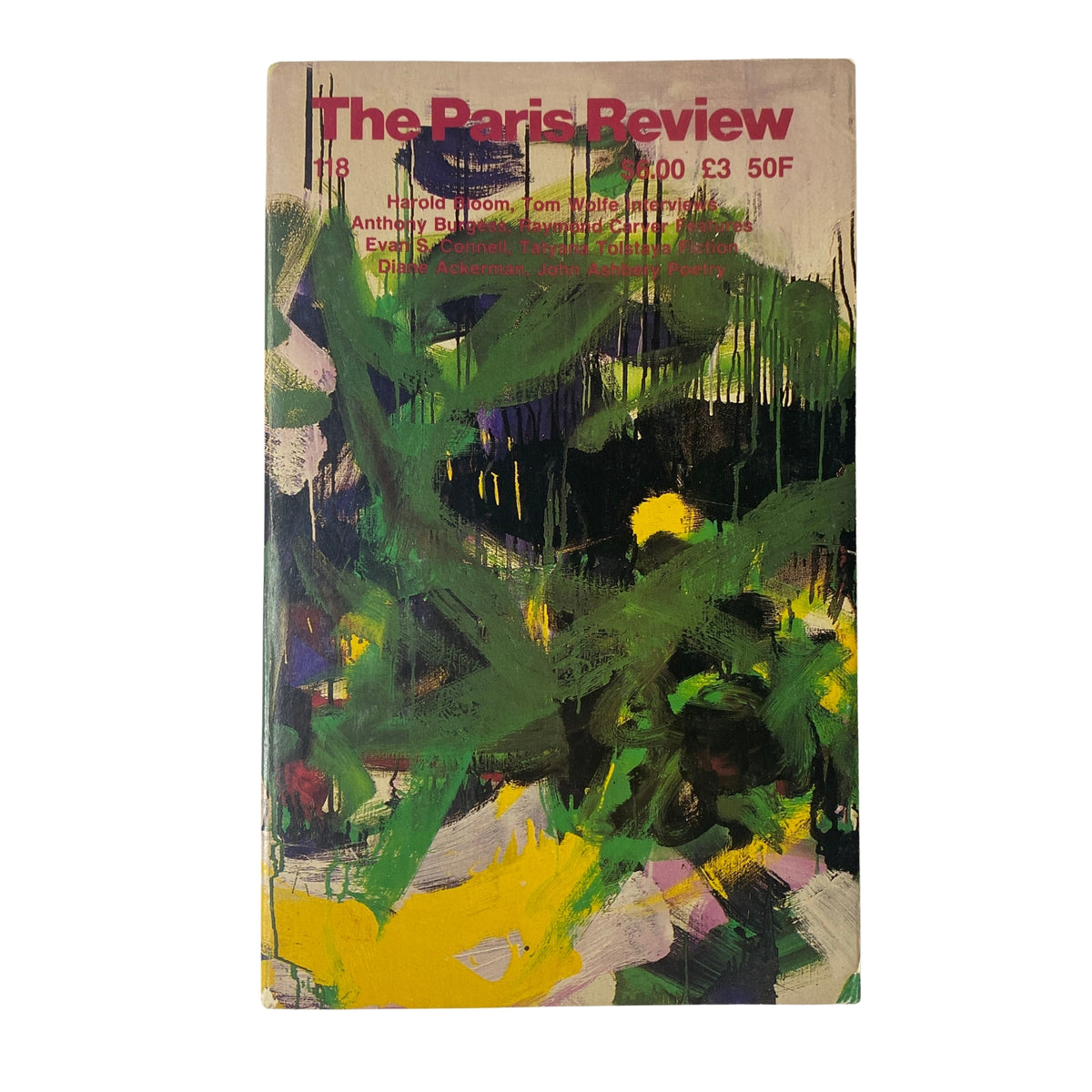 Cover of The Paris Review Magazine Spring 1991 No. 118 featuring bold abstract art and highlighting Anthony Burgess, Harold Bloom, and Tom Wolfe.