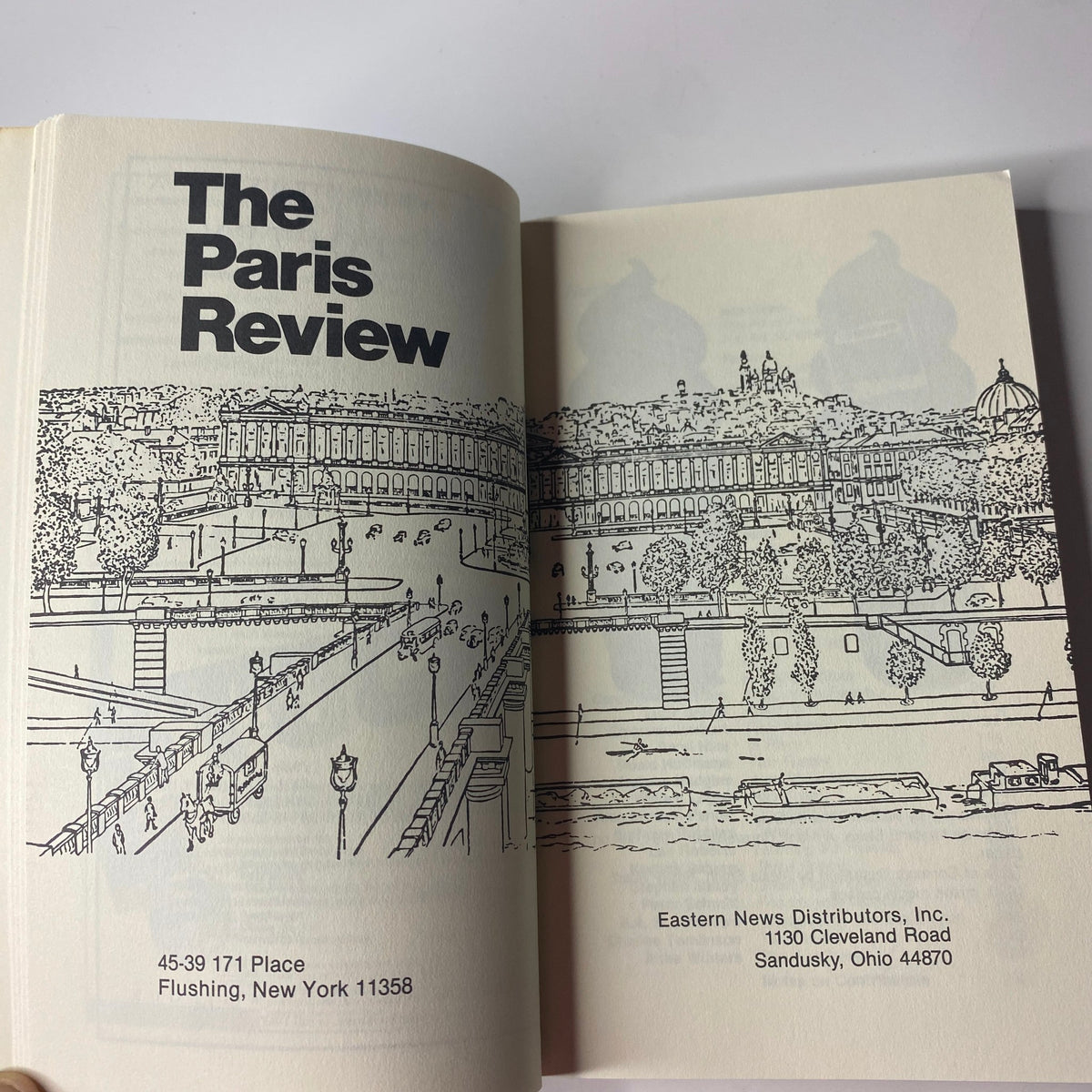 Inside page of The Paris Review Magazine Winter 1991 No. 121 displaying publication details and line art of a cityscape.