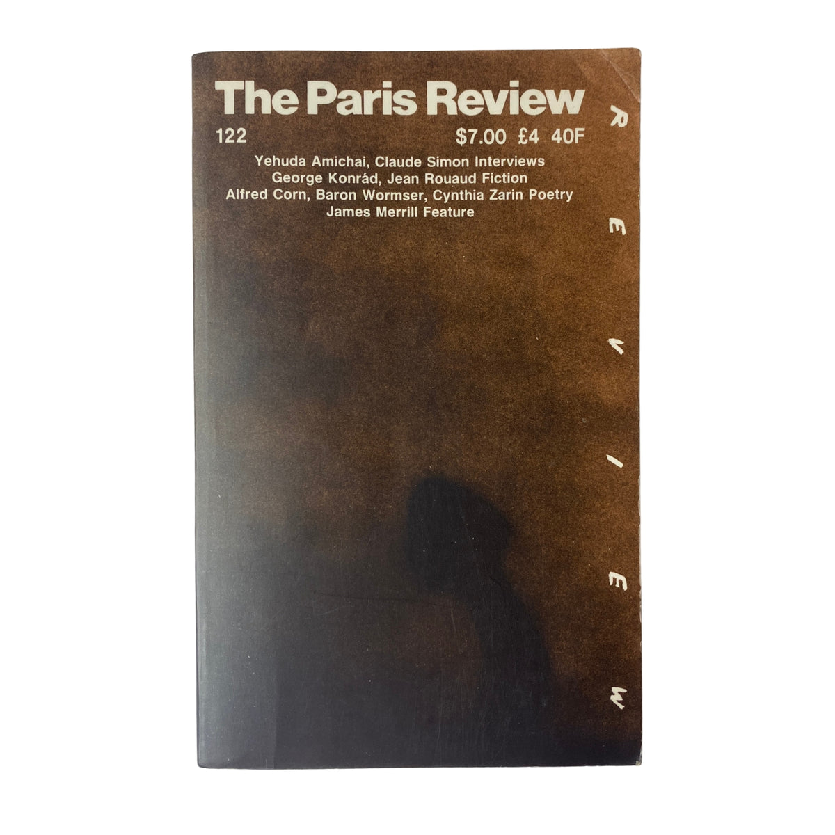 Cover of The Paris Review Magazine, Spring 1992, No. 122 featuring James Merrill. The design includes notable contributors like Yehuda Amichai and Claude Simon, with a brown background and text in white.