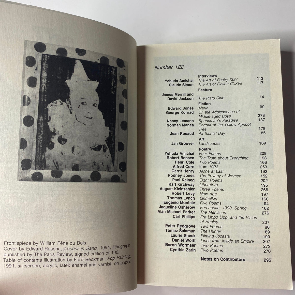 Table of contents page from The Paris Review Magazine Spring 1992 No. 122 listing contributors and articles.