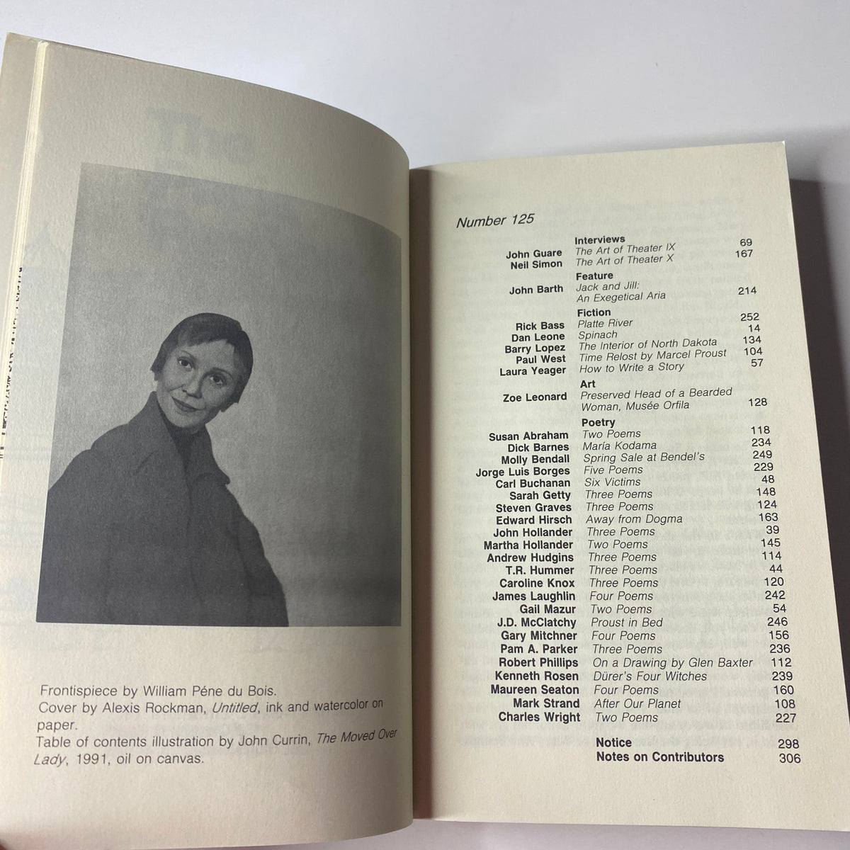 Another interior page from The Paris Review Magazine Winter 1992 No. 125 showcasing the table of contents, including contributions by John Guare, Neil Simon, and more.