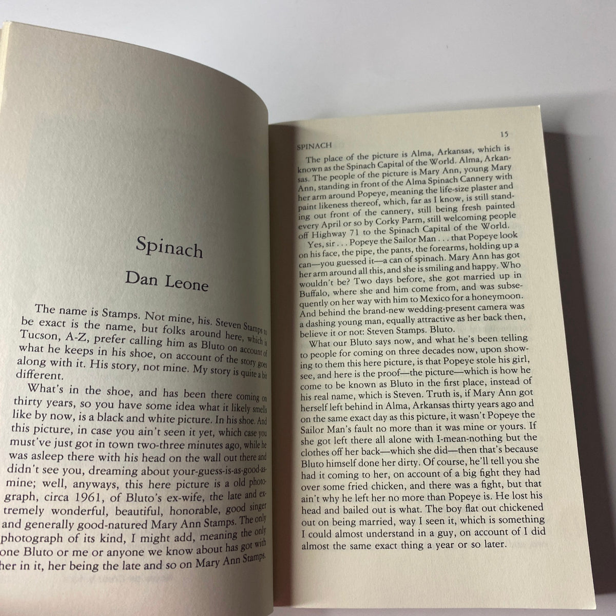 A full-page story titled 'Spinach' by Dan Leone from The Paris Review Magazine Winter 1992 No. 125.