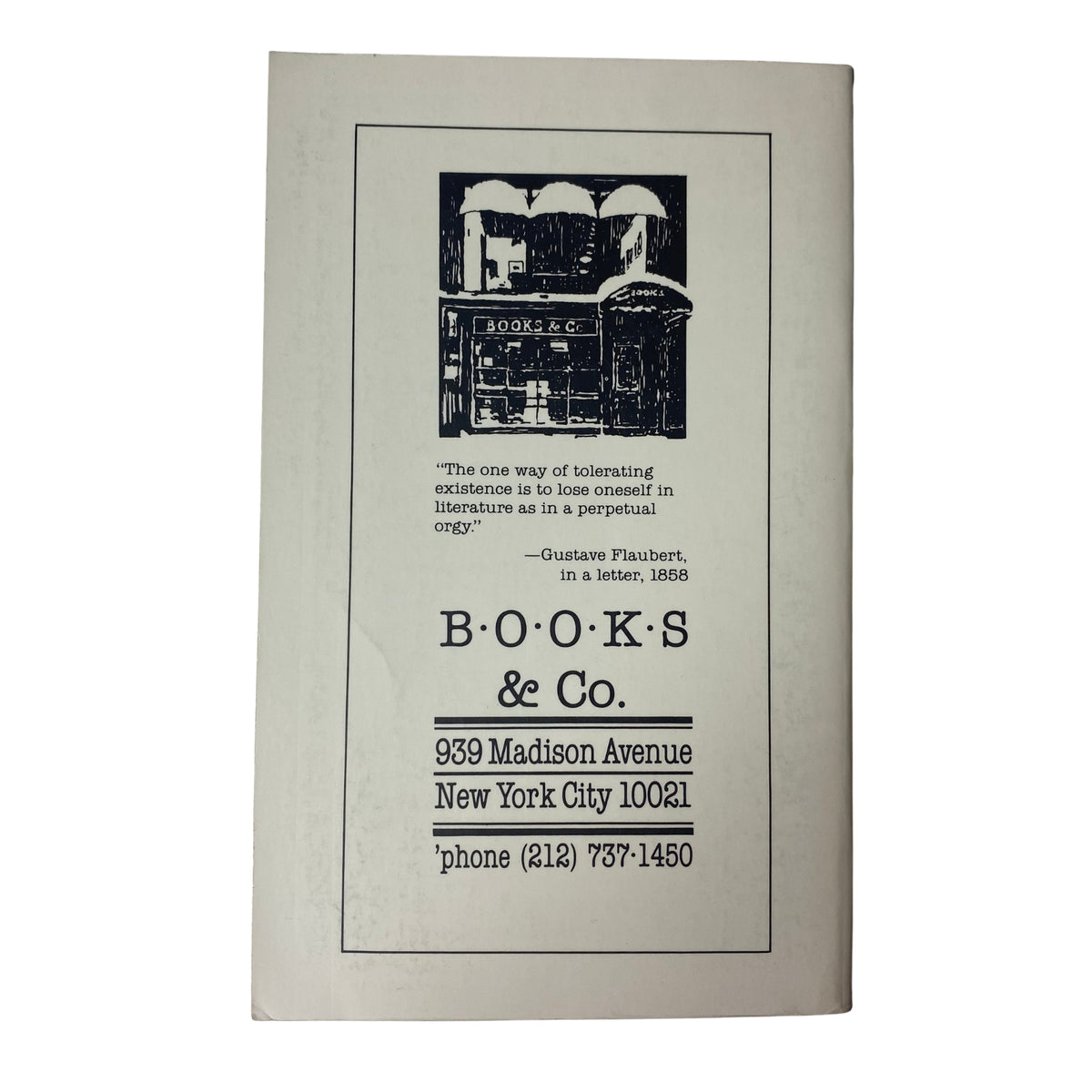 Back cover of The Paris Review Magazine Winter 1992 No. 125 featuring an illustration of a bookstore and a quote by Gustave Flaubert.