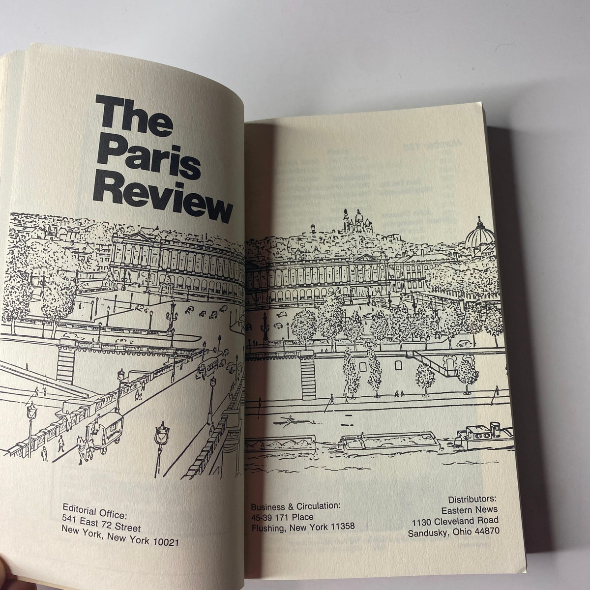Inside pages of The Paris Review Magazine Fall 1993 No. 128, displaying the editorial information, featuring artistic illustrations and layout typical of the esteemed literary magazine.