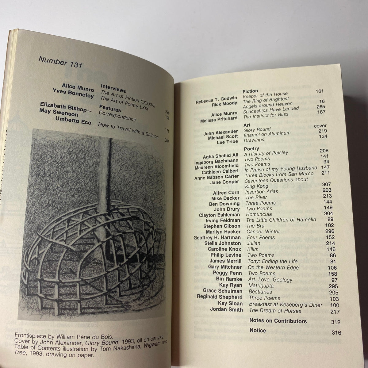 Contents page of The Paris Review Magazine Summer 1994 No. 131 layout, listing notable contributions from authors such as Alice Munro and Umberto Eco, along with illustration details.
