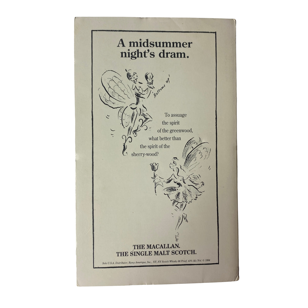 Advertisement for The Macallan Single Malt Scotch from The Paris Review Magazine Summer 1994 No. 131, featuring whimsical illustrations and text.