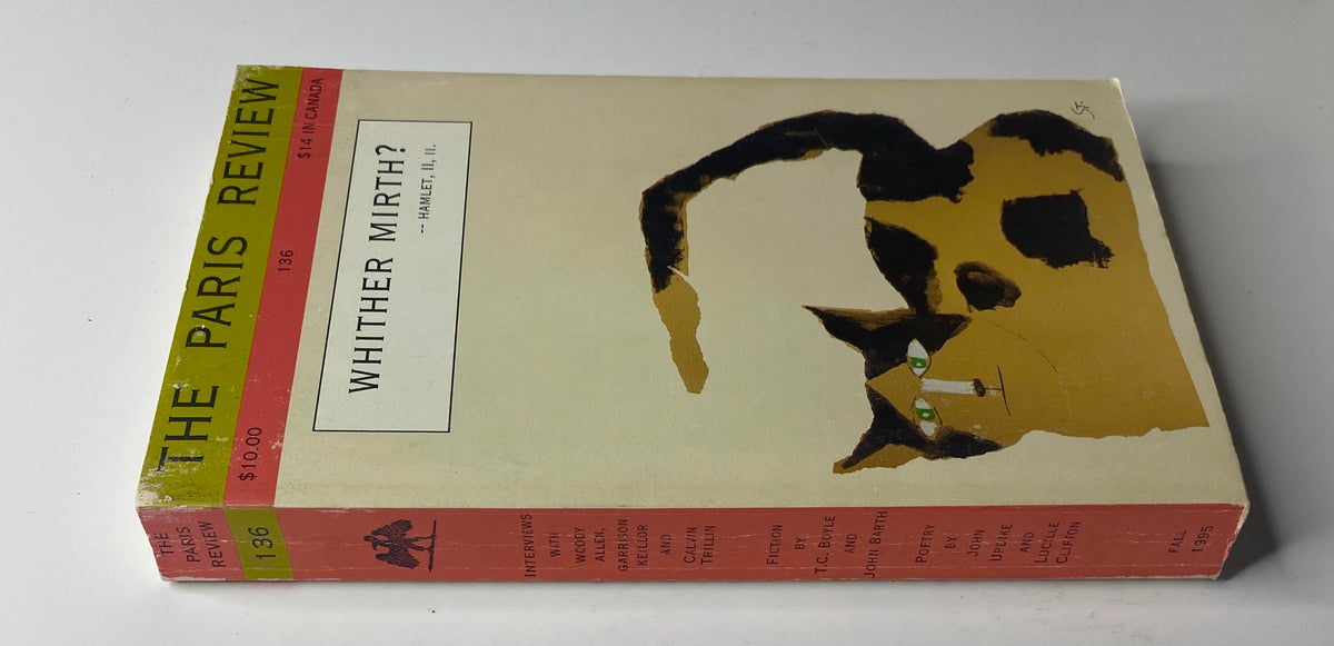 Side view of The Paris Review Magazine Fall 1995 No. 136 showcasing the same whimsical cat illustration and the title 'Whither Mirth? - Hamlet, II, II.' The edition delves into literary humor.
