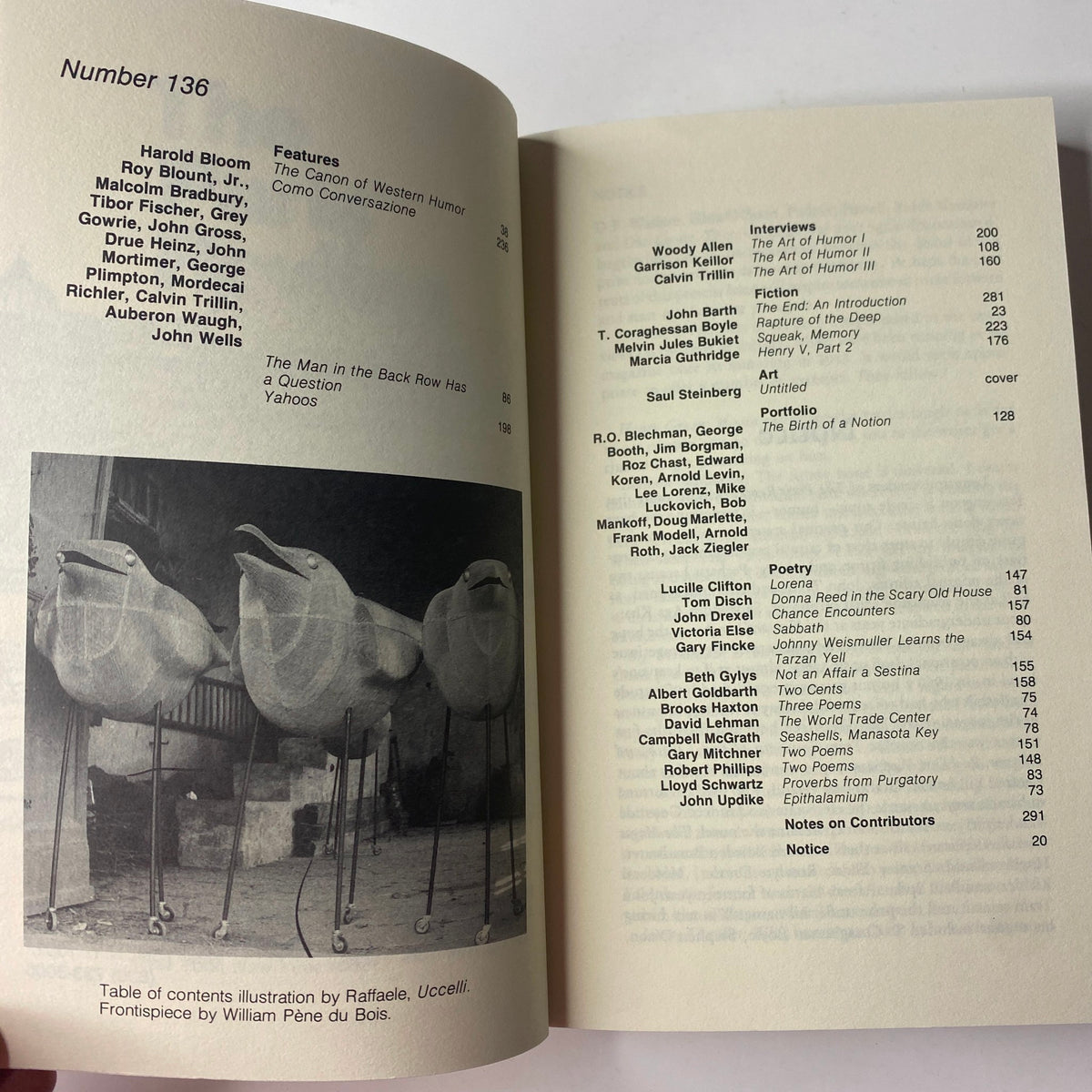 Inside pages of The Paris Review Magazine Fall 1995 No. 136, showcasing the table of contents and contributors, including Harold Bloom and Woody Allen.
