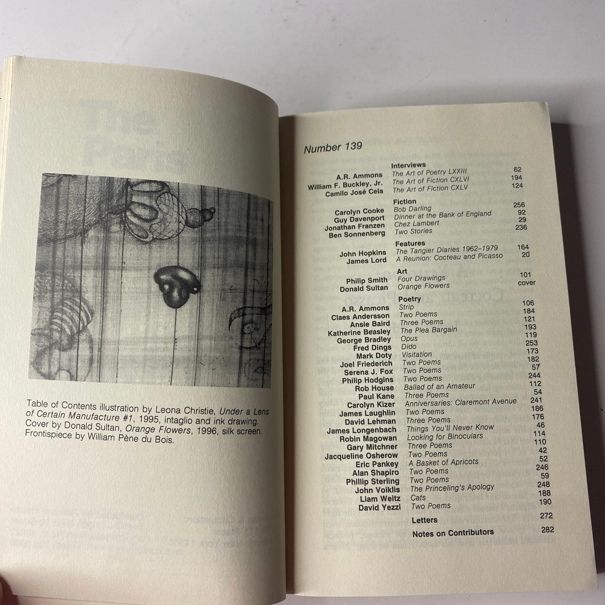 Table of contents page from The Paris Review Magazine Summer 1996 No. 139 John Hopkins, detailing featured articles and contributors.