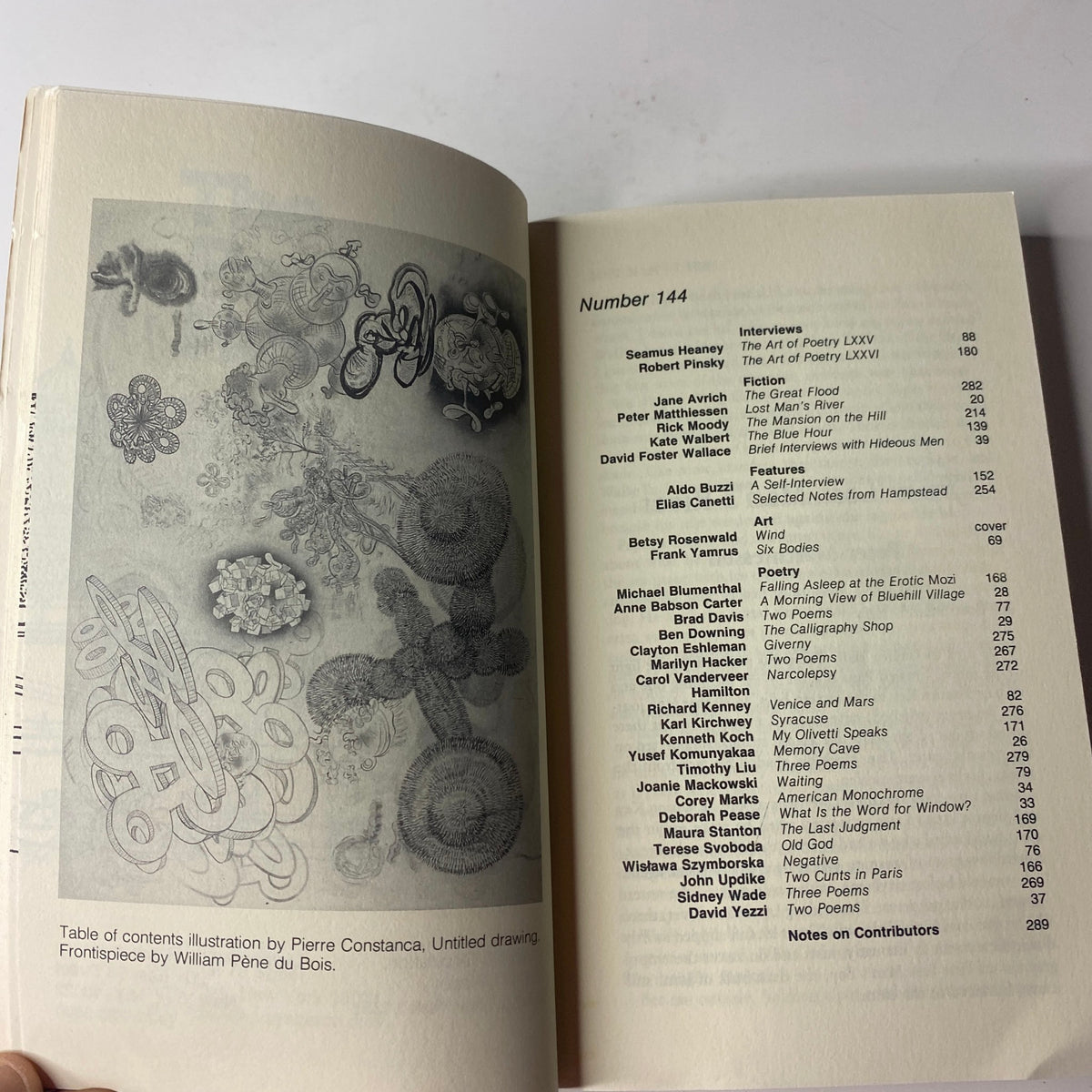 Table of contents page from The Paris Review Magazine Fall 1997 No. 144 featuring listed interviews, fiction, and poetry contributors.