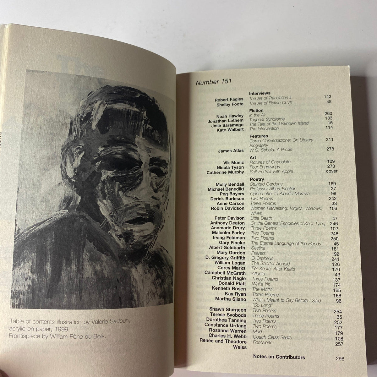 Table of contents page inside The Paris Review Magazine Summer 1999 No. 151, featuring illustrations and contributor details.