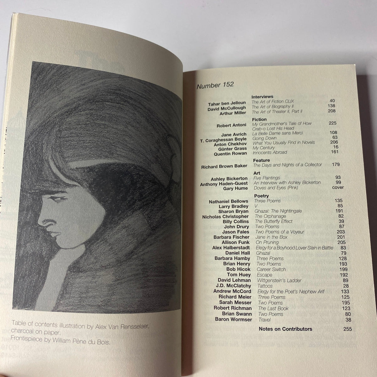 Page from The Paris Review Magazine, Fall 1999, No. 152 illustrating the table of contents with contributors and artwork.