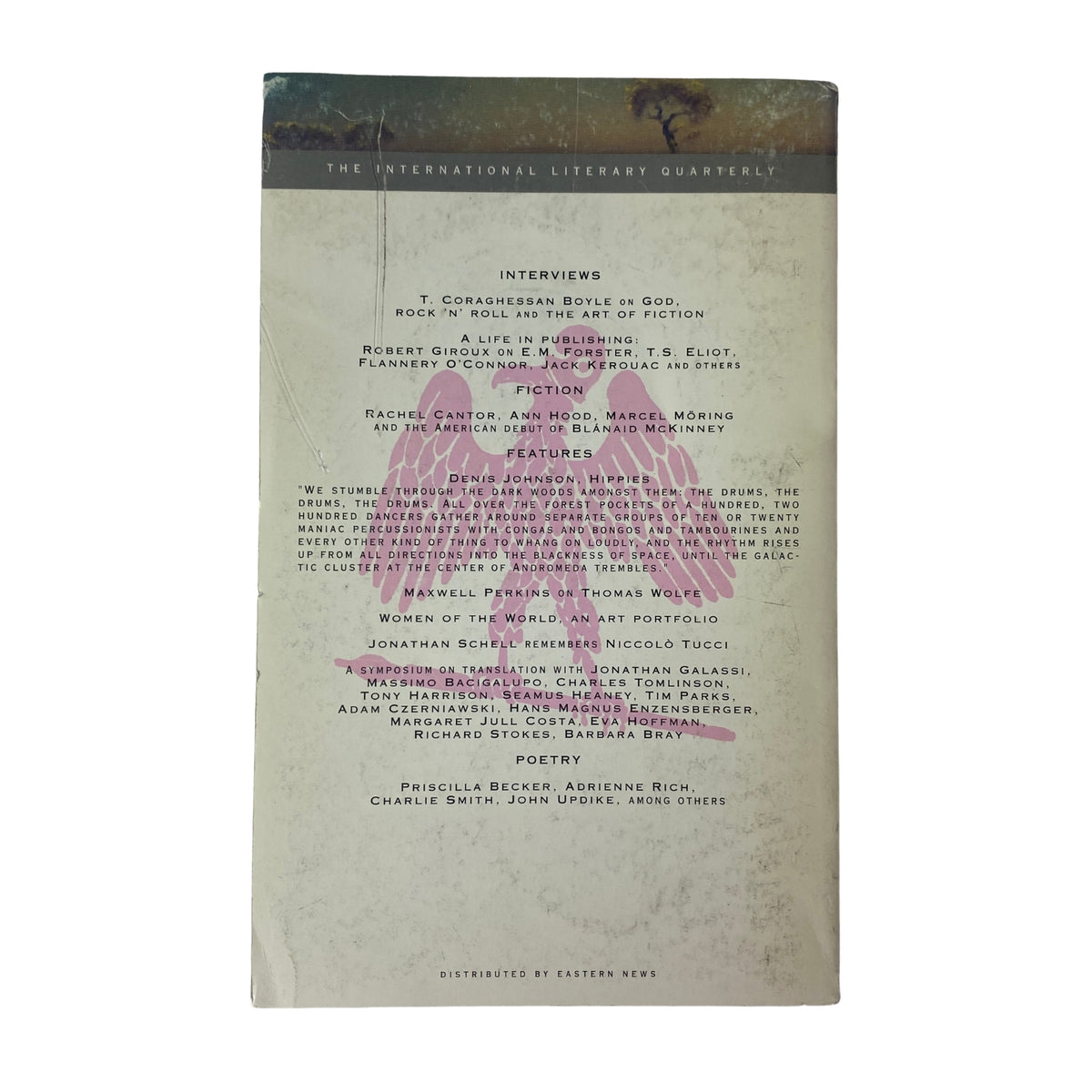 Back cover of The Paris Review Magazine, Summer 2000, No. 155 highlighting interviews, fiction, and poetry contributors.