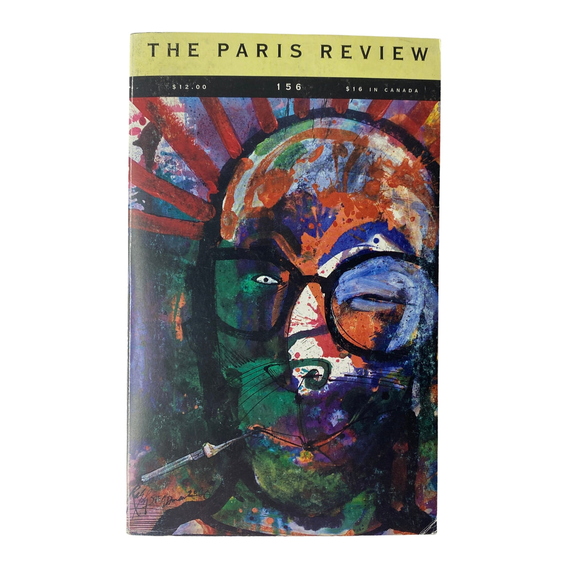 Cover of The Paris Review Magazine, Fall 2000, Issue No. 156 featuring a vibrant colorful illustration of a face with glasses, representing Hunter S. Thompson, along with bold red sun rays. Perfect for collectors of literary magazines.