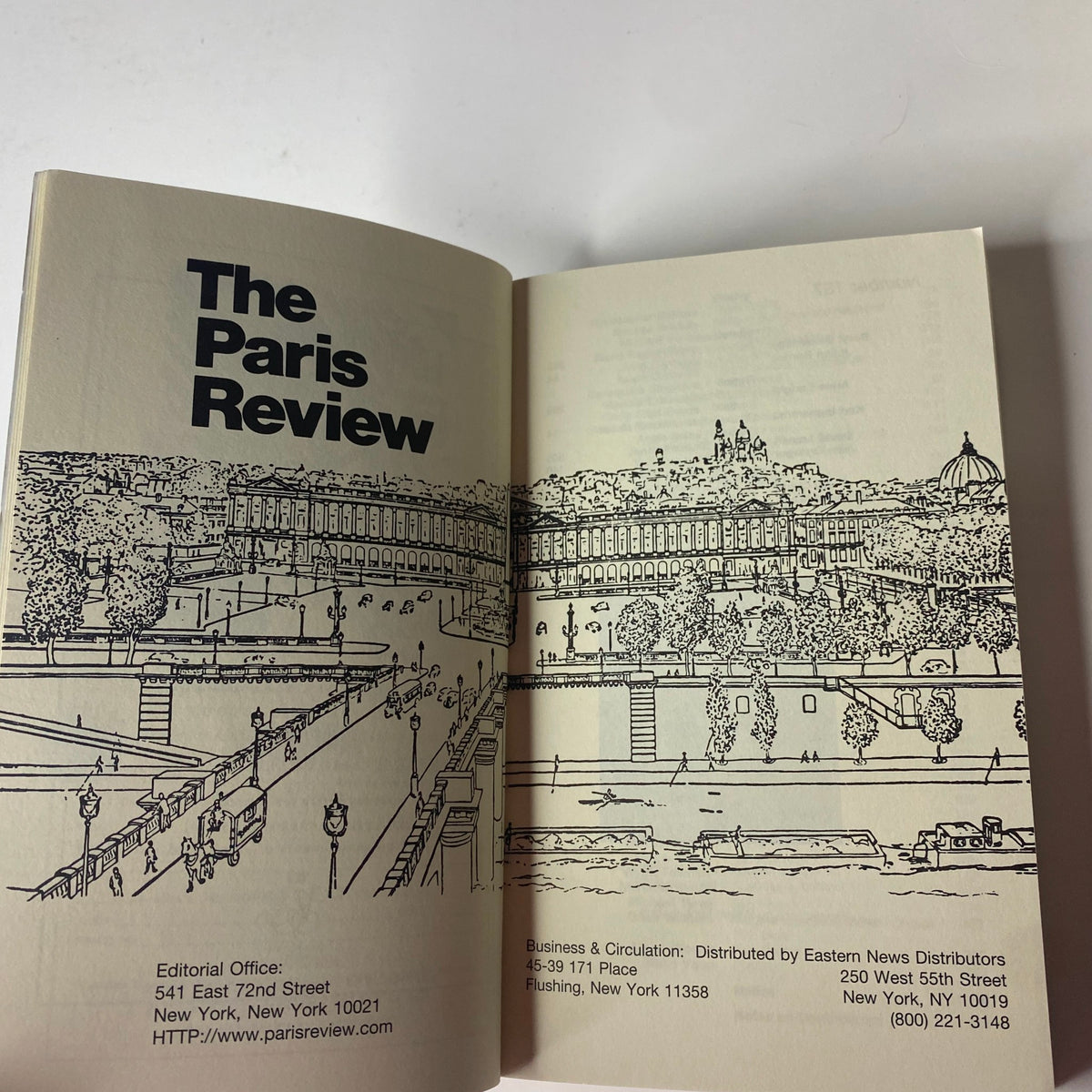 Interior front page of The Paris Review Magazine Winter 2000-2001 No. 157 displaying editorial information and artwork.