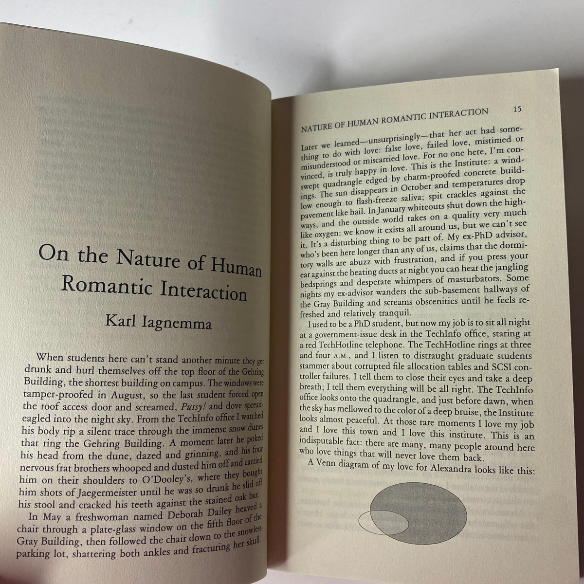 Excerpt page from The Paris Review Magazine Winter 2000-2001 No. 157 showcasing an article titled 'On the Nature of Human Romantic Interaction' by Karl Iagnemma.