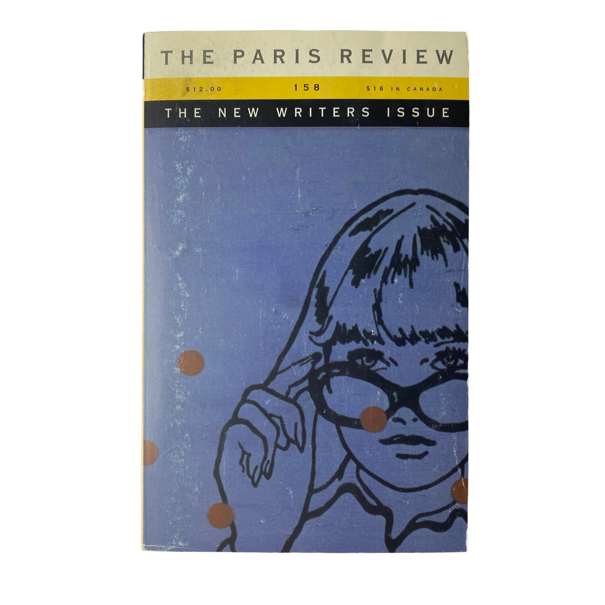 Cover of The Paris Review Magazine, Spring-Summer 2001, No. 158, featuring a blue background and a drawing of a woman wearing glasses, titled 'The New Writers Issue'.