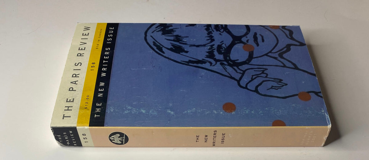 Side view of The Paris Review Magazine, Spring-Summer 2001, No. 158, showcasing the blue cover and title 'The New Writers Issue'.