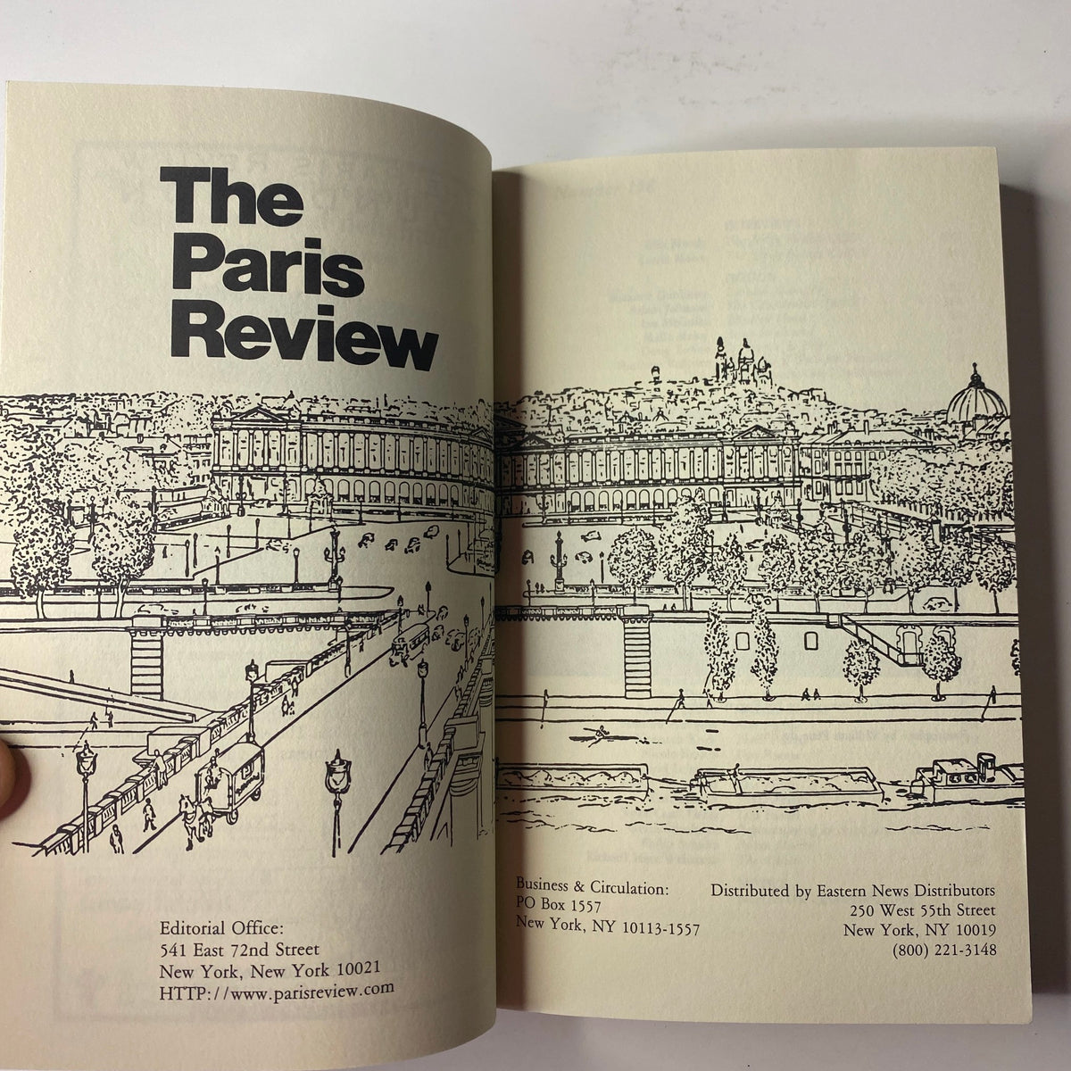 Inside page of The Paris Review Magazine, Spring-Summer 2001, No. 158, displaying its editorial information with an illustration of a cityscape.