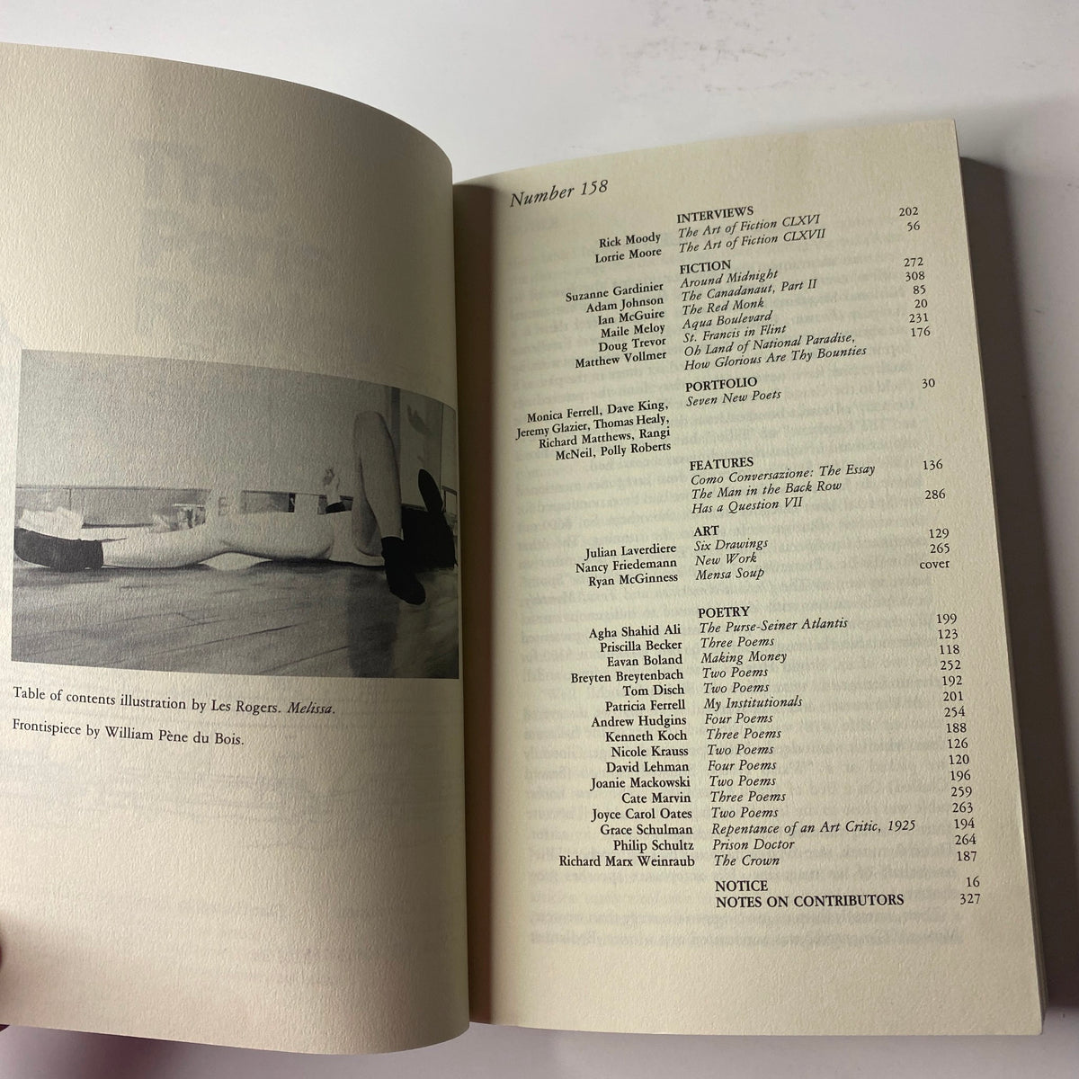 Inside view of The Paris Review Magazine, Spring-Summer 2001, No. 158, showing the table of contents with contributions from various writers and an illustration by William Pène du Bois.